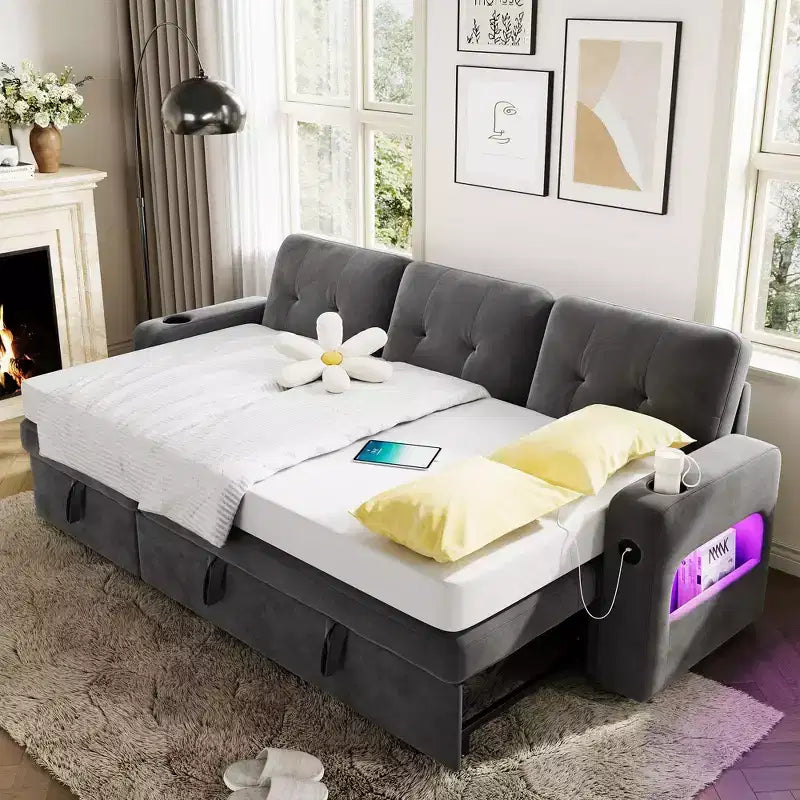 Divano Letto da 84 Pollici, Divano a L, Divano Letto Estraibile Convertibile con Contenitore, Stazione di Ricarica, Luci LED, Divano Sezionale Moderno