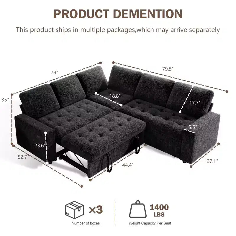 Dyonery Divano componibile a 5 posti a L con letto estraibile, porte USB, schienale regolabile e contenitore, montaggio senza attrezzi