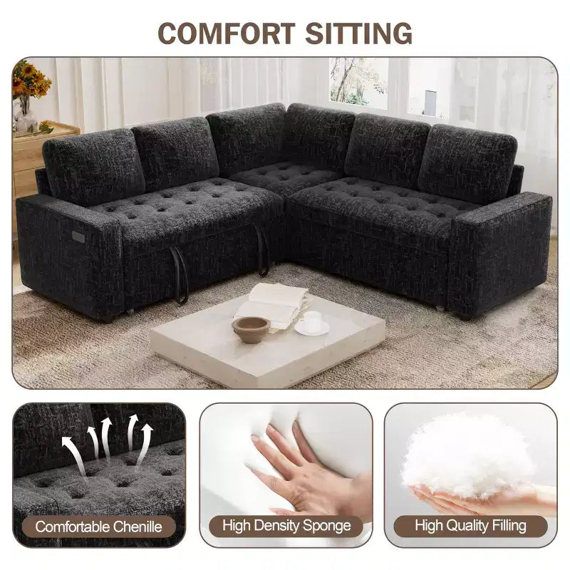 Dyonery Divano componibile a 5 posti a L con letto estraibile, porte USB, schienale regolabile e contenitore, montaggio senza attrezzi