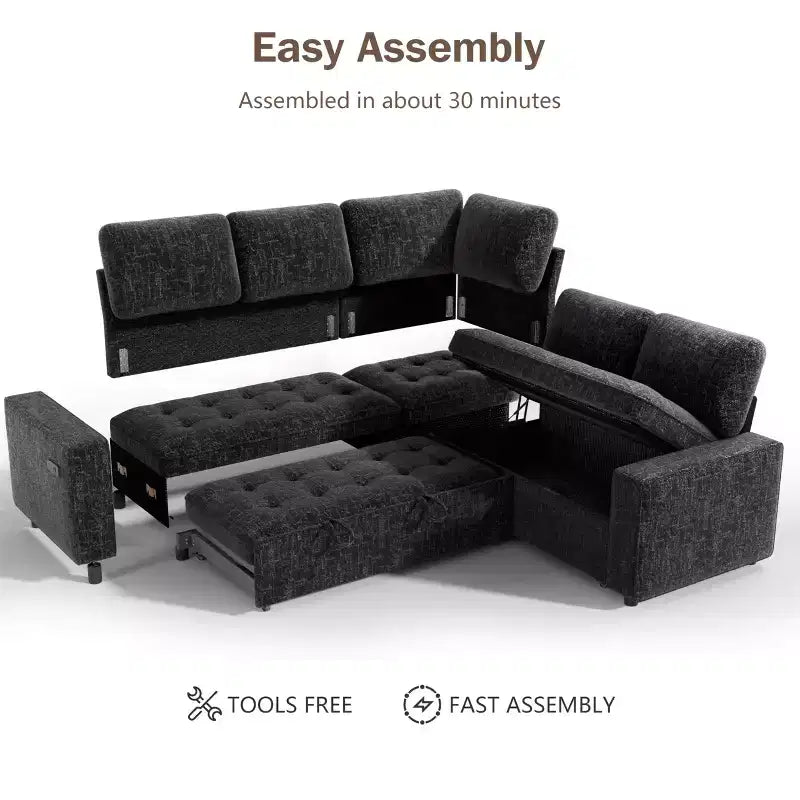 Dyonery Divano componibile a 5 posti a L con letto estraibile, porte USB, schienale regolabile e contenitore, montaggio senza attrezzi