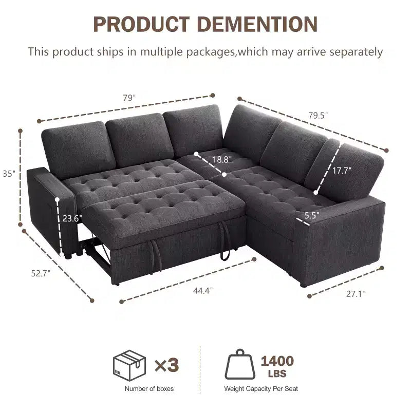 Dyonery Divano componibile a 5 posti a L con letto estraibile, porte USB, schienale regolabile e contenitore, montaggio senza attrezzi