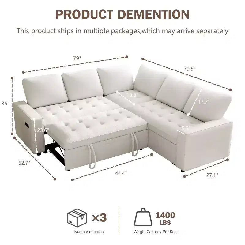 Dyonery Divano componibile a 5 posti a L con letto estraibile, porte USB, schienale regolabile e contenitore, montaggio senza attrezzi