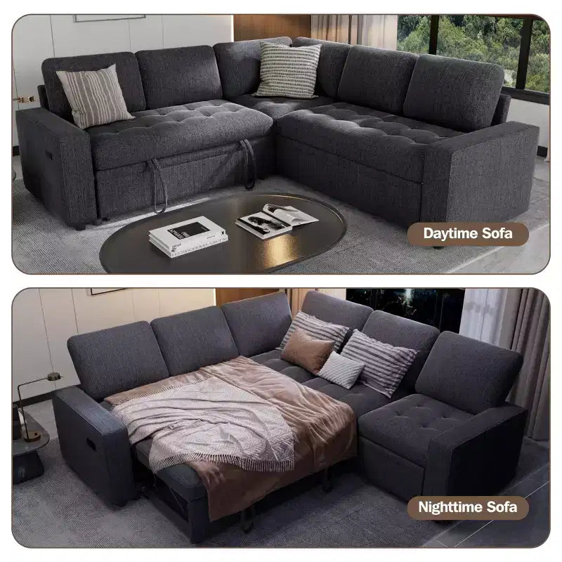 Dyonery Divano componibile a 5 posti a L con letto estraibile, porte USB, schienale regolabile e contenitore, montaggio senza attrezzi