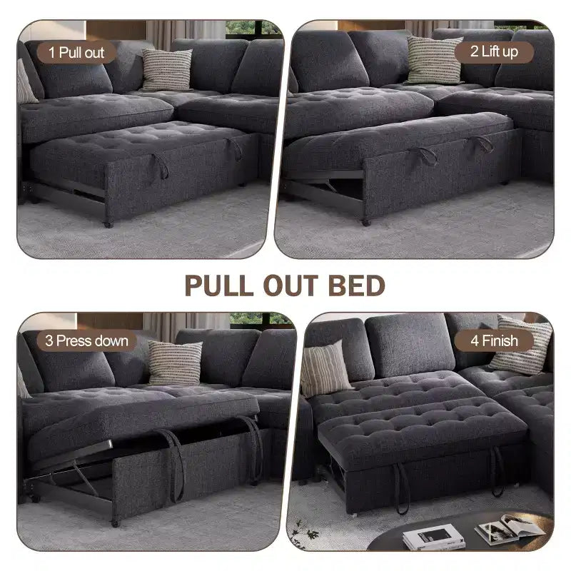 Dyonery Divano componibile a 5 posti a L con letto estraibile, porte USB, schienale regolabile e contenitore, montaggio senza attrezzi
