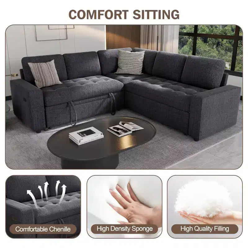 Dyonery Divano componibile a 5 posti a L con letto estraibile, porte USB, schienale regolabile e contenitore, montaggio senza attrezzi