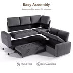 Dyonery Divano componibile a 5 posti a L con letto estraibile, porte USB, schienale regolabile e contenitore, montaggio senza attrezzi