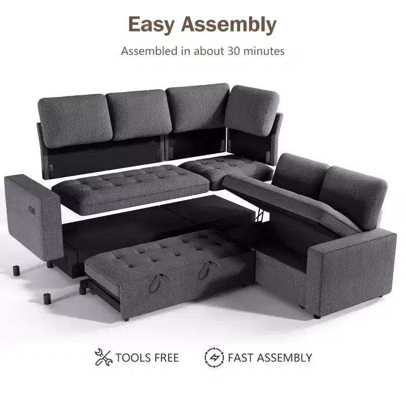 Dyonery Divano componibile a 5 posti a L con letto estraibile, porte USB, schienale regolabile e contenitore, montaggio senza attrezzi