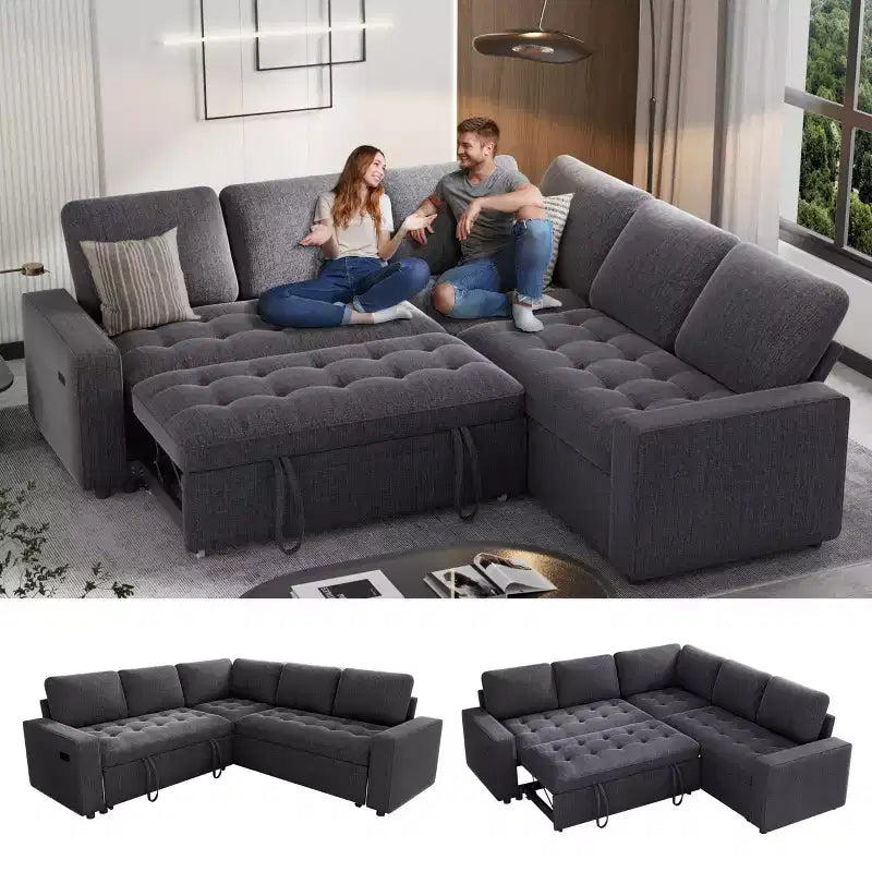Dyonery Divano componibile a 5 posti a L con letto estraibile, porte USB, schienale regolabile e contenitore, montaggio senza attrezzi