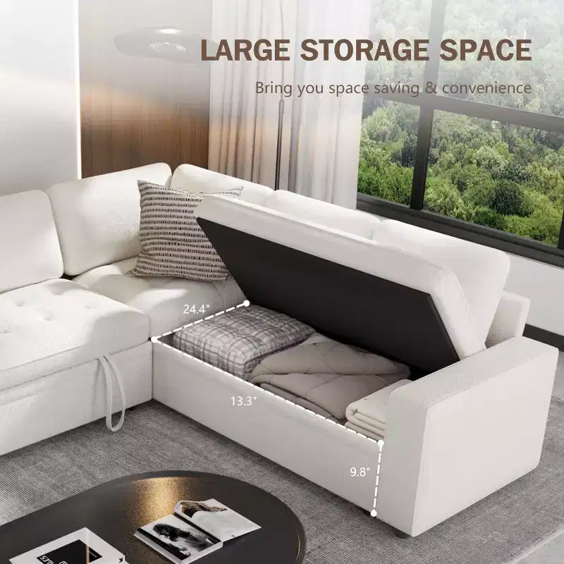 Dyonery Divano componibile a 5 posti a L con letto estraibile, porte USB, schienale regolabile e contenitore, montaggio senza attrezzi