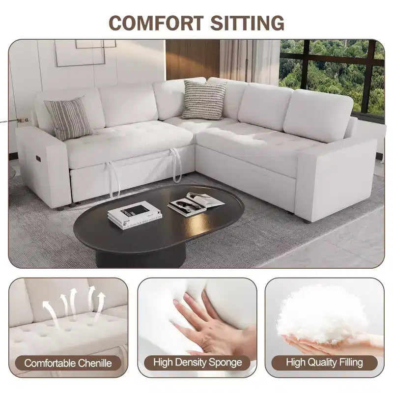Dyonery Divano componibile a 5 posti a L con letto estraibile, porte USB, schienale regolabile e contenitore, montaggio senza attrezzi