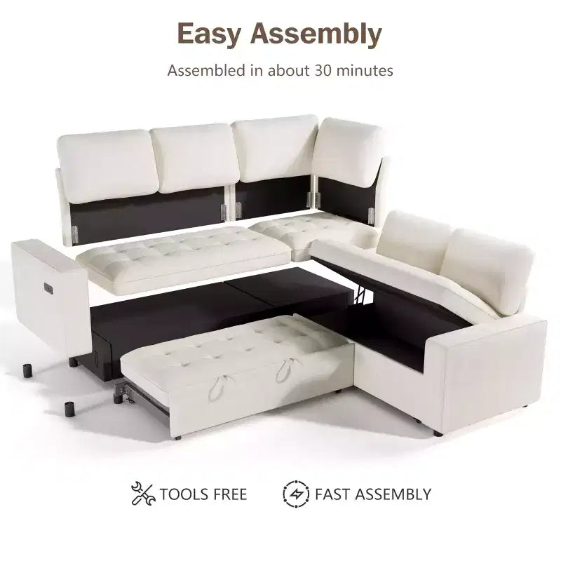 Dyonery Divano componibile a 5 posti a L con letto estraibile, porte USB, schienale regolabile e contenitore, montaggio senza attrezzi