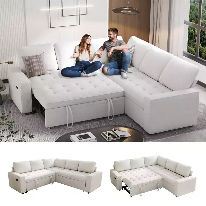 Dyonery Divano componibile a 5 posti a L con letto estraibile, porte USB, schienale regolabile e contenitore, montaggio senza attrezzi