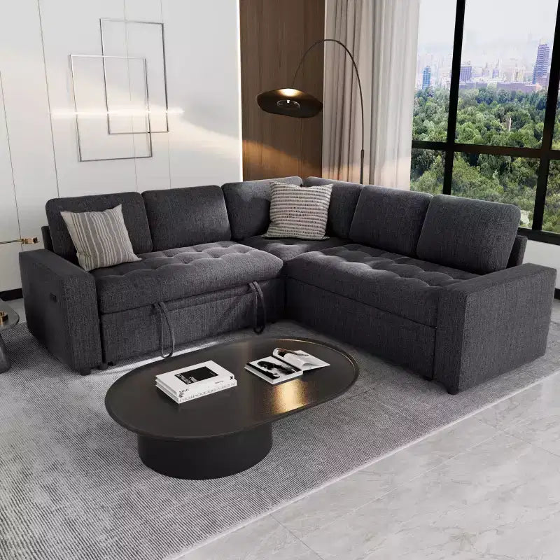 Dyonery Divano componibile a 5 posti a L con letto estraibile, porte USB, schienale regolabile e contenitore, montaggio senza attrezzi