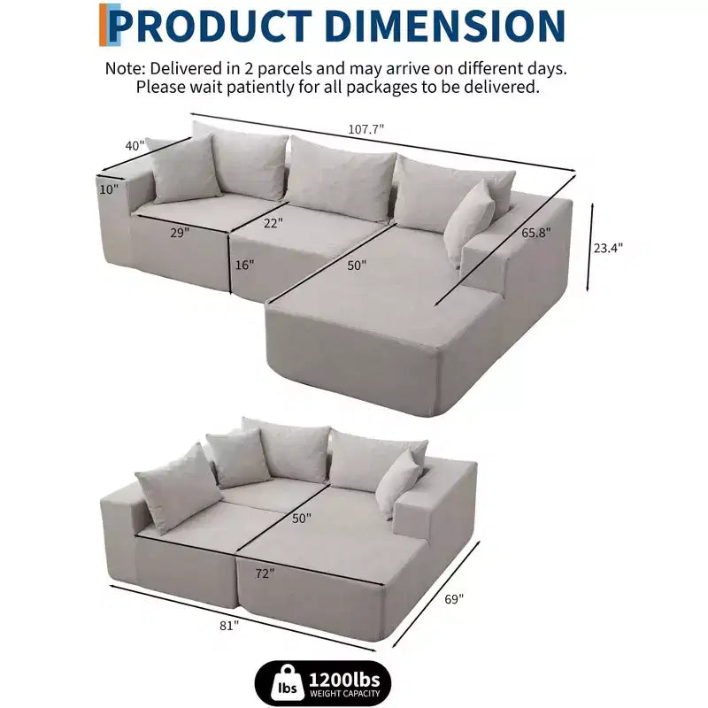 Divano Sezionale Modulare Cloud 108" con Chaise a L, Divano Modulare Moderno con Seduta Profonda, Divano Letto Oversize, Nessun Montaggio Richiesto, Orientamento Sinistro