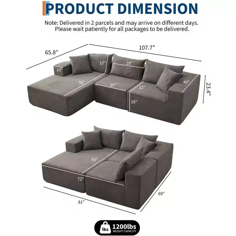 Divano Sezionale Modulare Cloud 108" con Chaise a L, Divano Modulare Moderno con Seduta Profonda, Divano Letto Oversize, Nessun Montaggio Richiesto, Orientamento Sinistro