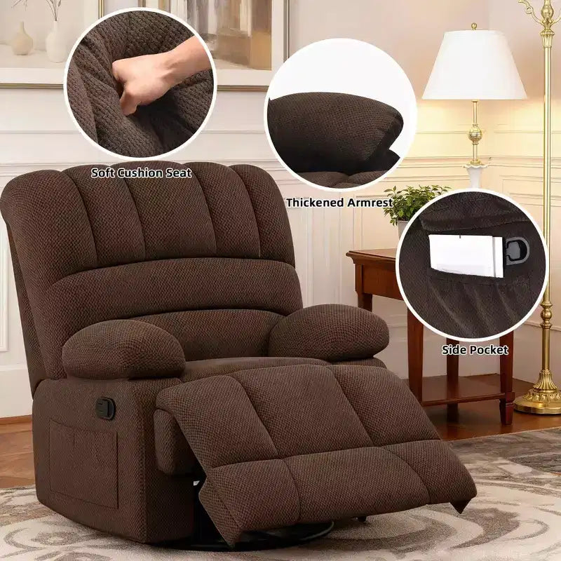 MAYEERTY Poltrona Reclinabile Girevole a Dondolo Oversize in Velluto, Color Cioccolato, per Adulti, Perfetta per il Soggiorno