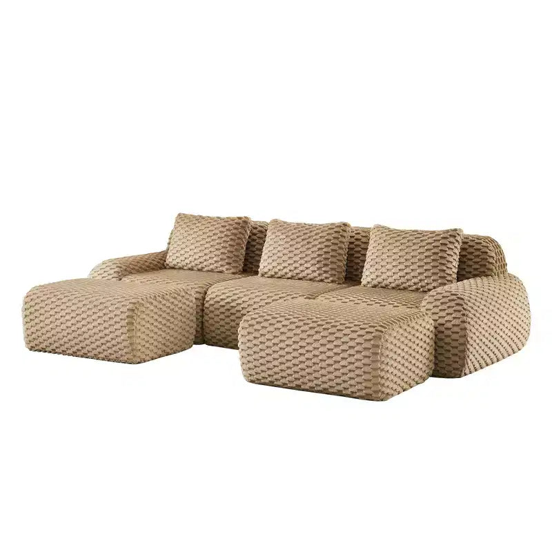 Divano modulare a U 114 in flanella, 3 posti con pouf, fibbia senza montaggio, color cammello chiaro