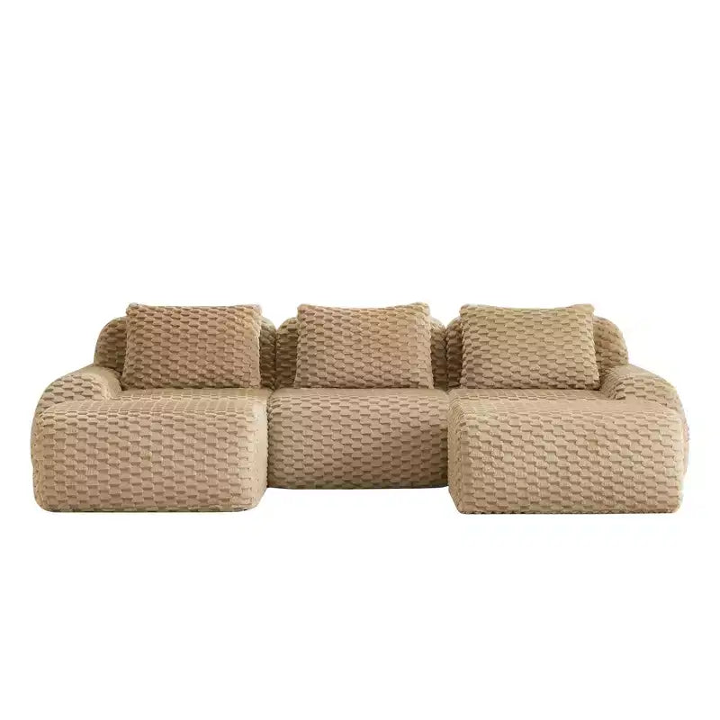 Divano modulare a U 114 in flanella, 3 posti con pouf, fibbia senza montaggio, color cammello chiaro