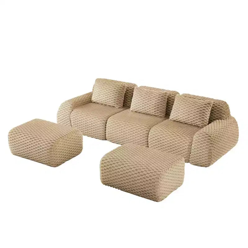 Divano modulare a U 114 in flanella, 3 posti con pouf, fibbia senza montaggio, color cammello chiaro