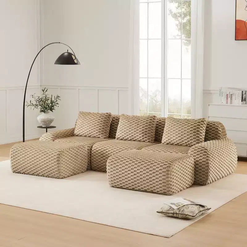Divano modulare a U 114 in flanella, 3 posti con pouf, fibbia senza montaggio, color cammello chiaro