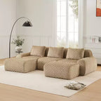 Divano modulare a U 114 in flanella, 3 posti con pouf, fibbia senza montaggio, color cammello chiaro