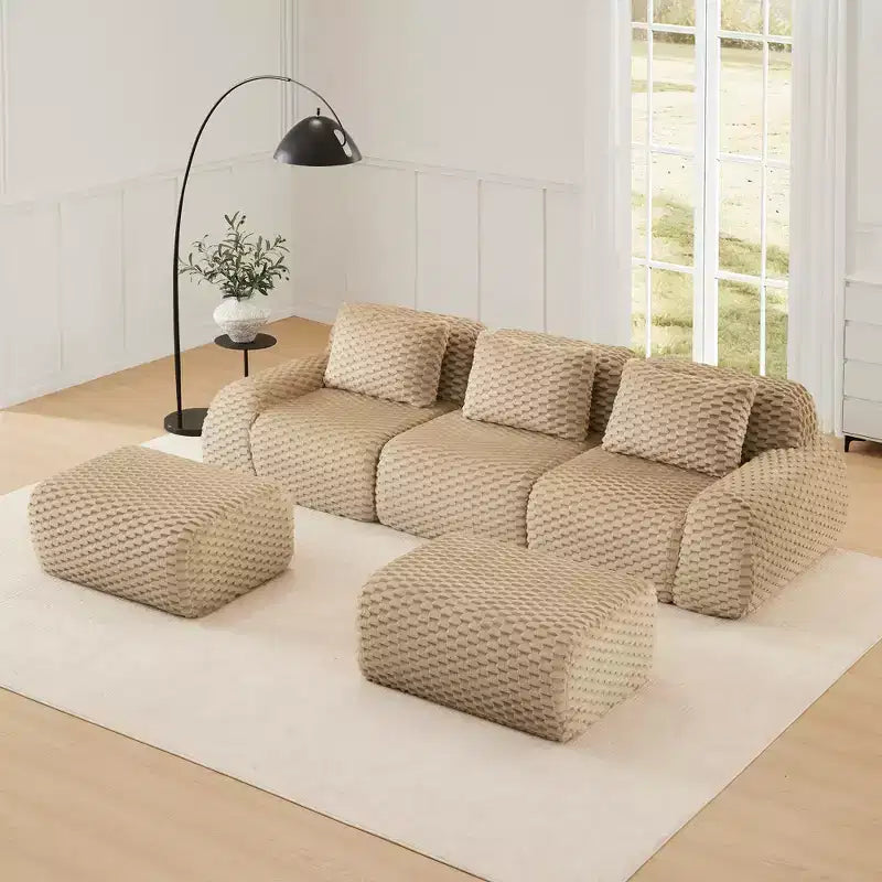 Divano modulare a U 114 in flanella, 3 posti con pouf, fibbia senza montaggio, color cammello chiaro
