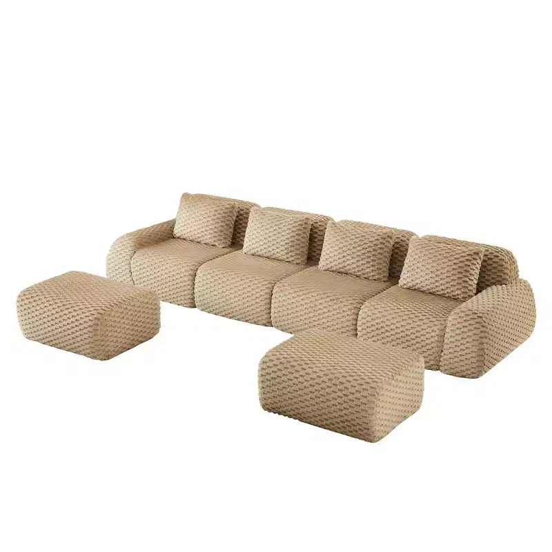 Divano modulare a U in flanella 146 posti con pouf a fibbia, nessun assemblaggio richiesto, color cammello chiaro