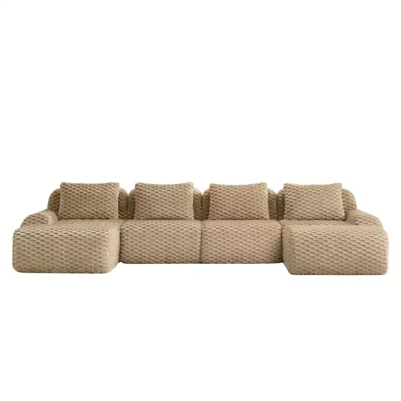 Divano modulare a U in flanella 146 posti con pouf a fibbia, nessun assemblaggio richiesto, color cammello chiaro