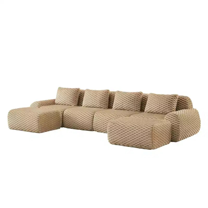 Divano modulare a U in flanella 146 posti con pouf a fibbia, nessun assemblaggio richiesto, color cammello chiaro