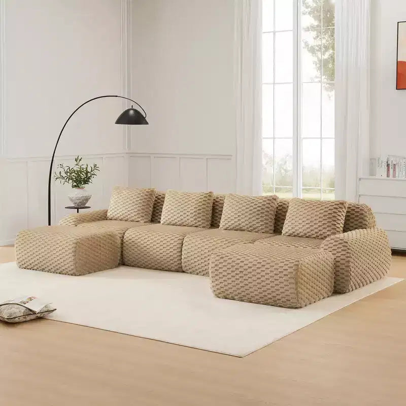 Divano modulare a U in flanella 146 posti con pouf a fibbia, nessun assemblaggio richiesto, color cammello chiaro