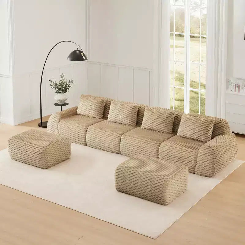 Divano modulare a U in flanella 146 posti con pouf a fibbia, nessun assemblaggio richiesto, color cammello chiaro