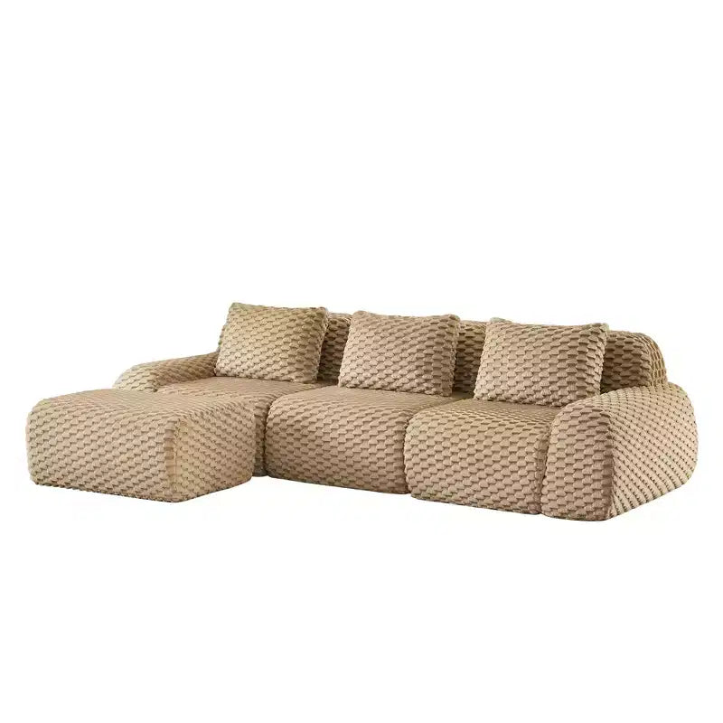 Divano modulare a L a 3 posti da 114 cm in flanella, con pouf e fibbie, nessun assemblaggio richiesto, color cammello chiaro