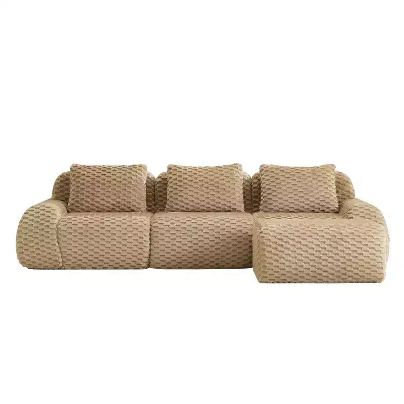 Divano modulare a L a 3 posti da 114 cm in flanella, con pouf e fibbie, nessun assemblaggio richiesto, color cammello chiaro
