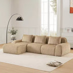 Divano modulare a L a 3 posti da 114 cm in flanella, con pouf e fibbie, nessun assemblaggio richiesto, color cammello chiaro