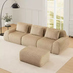 Divano modulare a L a 3 posti da 114 cm in flanella, con pouf e fibbie, nessun assemblaggio richiesto, color cammello chiaro