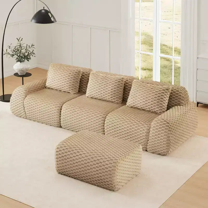 Divano modulare a L a 3 posti da 114 cm in flanella, con pouf e fibbie, nessun assemblaggio richiesto, color cammello chiaro