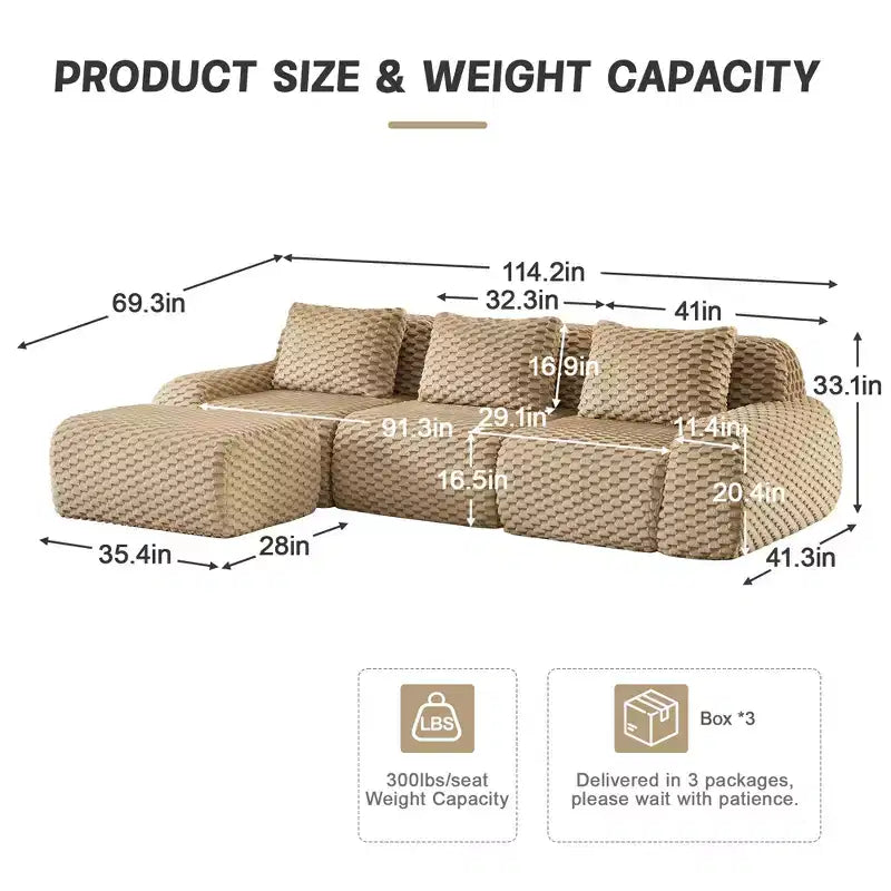 Divano modulare a L a 3 posti da 114 cm in flanella, con pouf e fibbie, nessun assemblaggio richiesto, color cammello chiaro