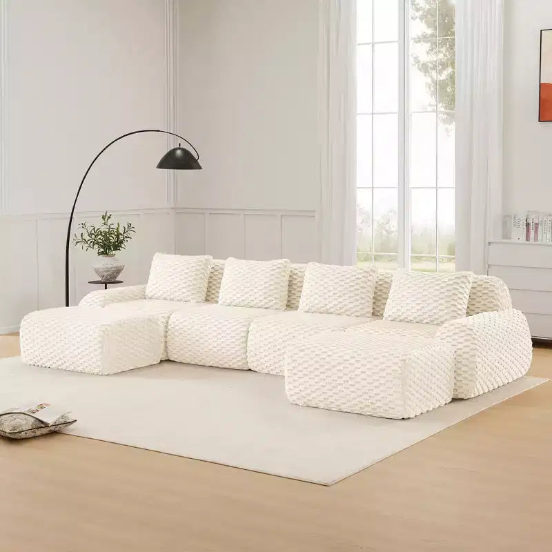 146 Divano modulare a U in flanella a 4 posti con pouf e fibbia, nessun assemblaggio richiesto, color crema