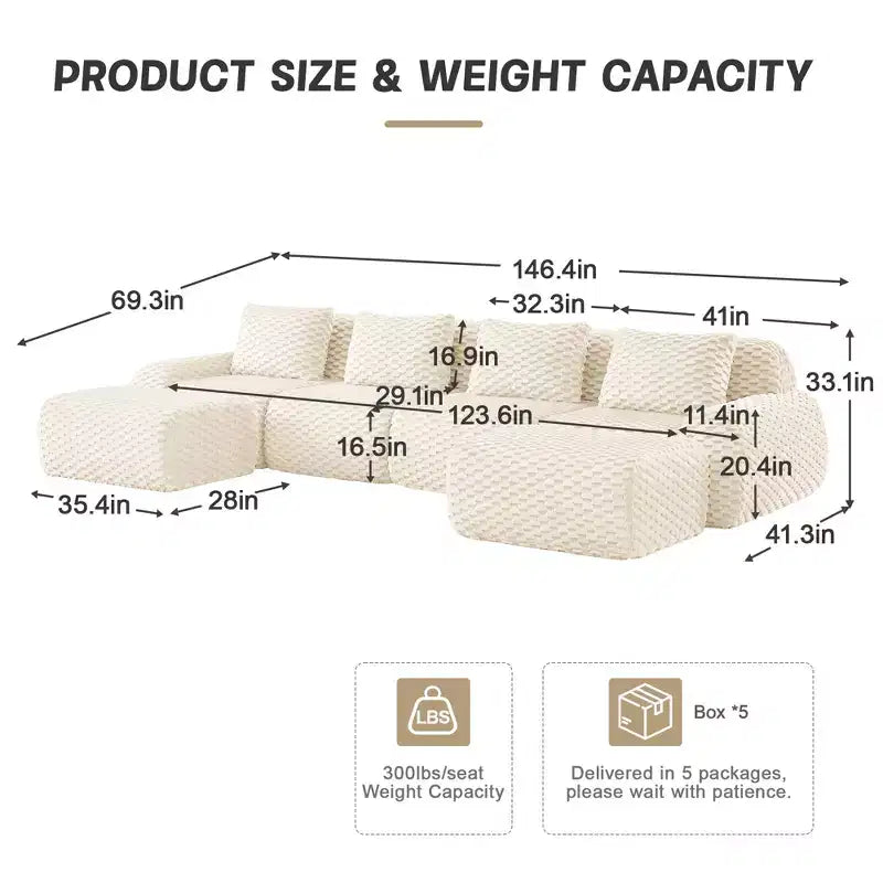146 Divano modulare a U in flanella a 4 posti con pouf e fibbia, nessun assemblaggio richiesto, color crema