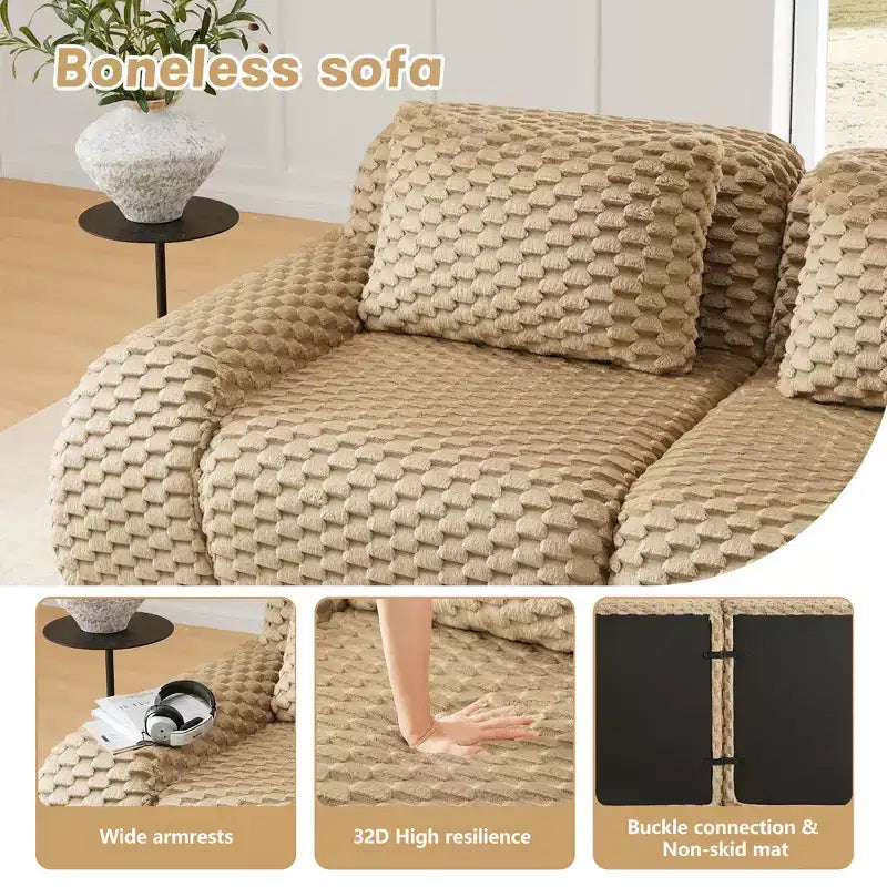 Divano Sezionale Modulare 114 Flannelette 3 Posti Seduta Profonda Fibbie Nessun Montaggio Cammello Chiaro