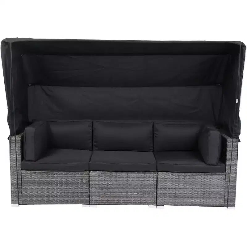 Set di mobili da patio a forma di L con tettuccio retrattile, divano a 7 pezzi resistente alle intemperie, ideale per giardino, portico, cortile, nero
