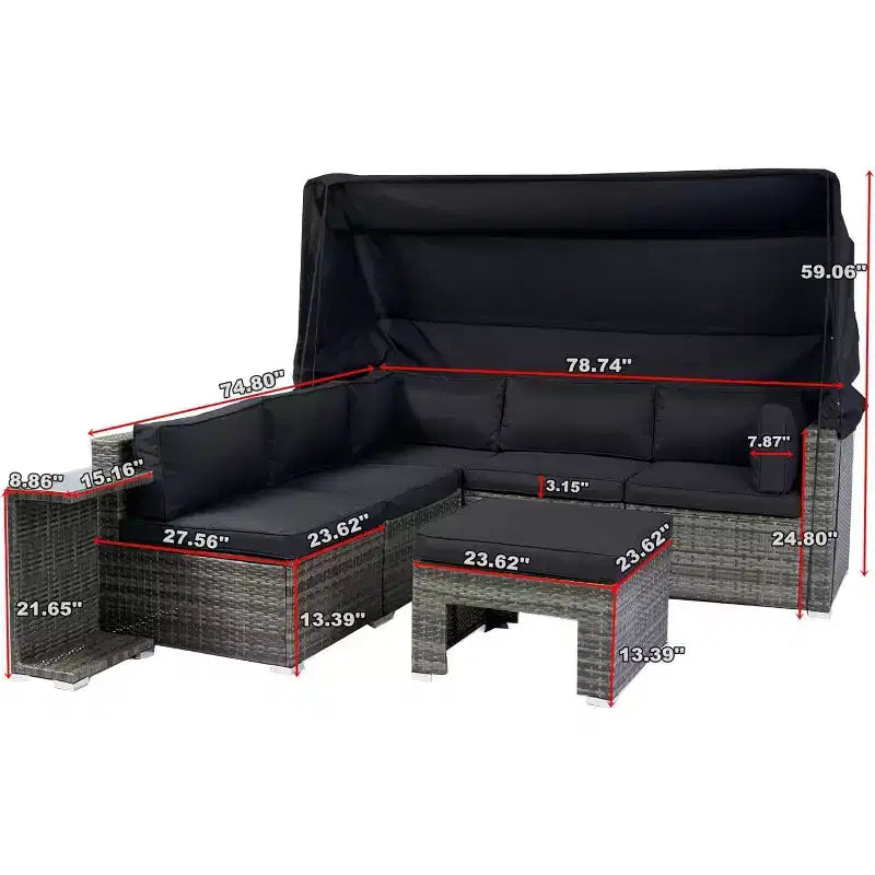 Set di mobili da patio a forma di L con tettuccio retrattile, divano a 7 pezzi resistente alle intemperie, ideale per giardino, portico, cortile, nero