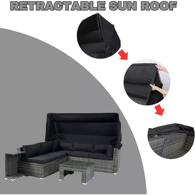 Set di mobili da patio a forma di L con tettuccio retrattile, divano a 7 pezzi resistente alle intemperie, ideale per giardino, portico, cortile, nero