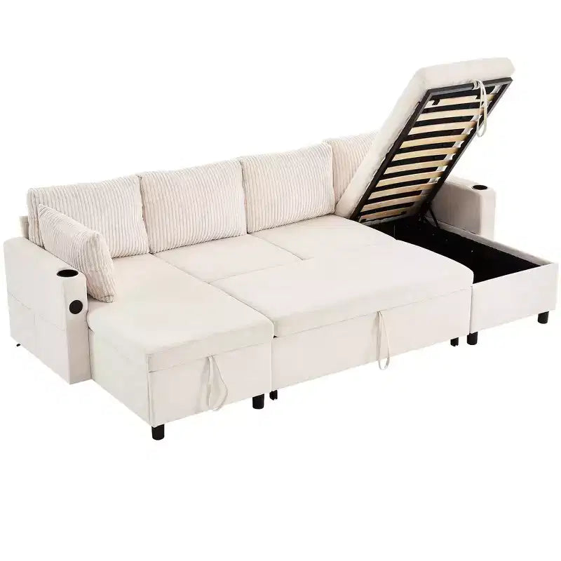 Divano componibile Whisen 113.4, divano letto estraibile, divano versatile con ampio spazio contenitore, due portabicchieri