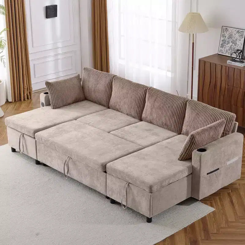 Divano componibile Whisen 113.4, divano letto estraibile, divano versatile con ampio spazio contenitore, due portabicchieri