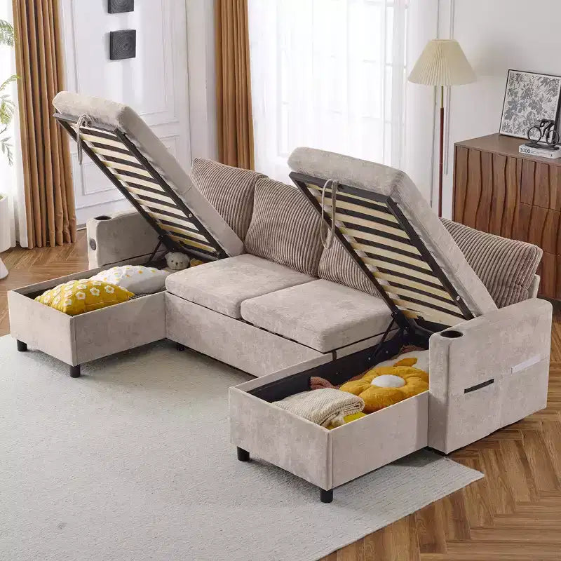 Divano componibile Whisen 113.4, divano letto estraibile, divano versatile con ampio spazio contenitore, due portabicchieri