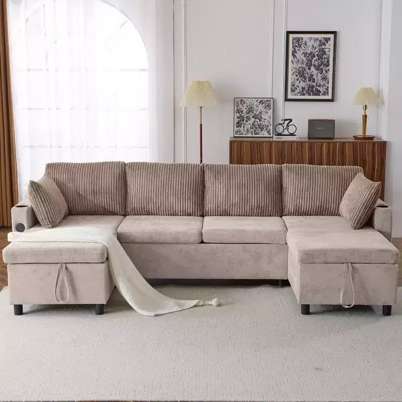 Divano componibile Whisen 113.4, divano letto estraibile, divano versatile con ampio spazio contenitore, due portabicchieri
