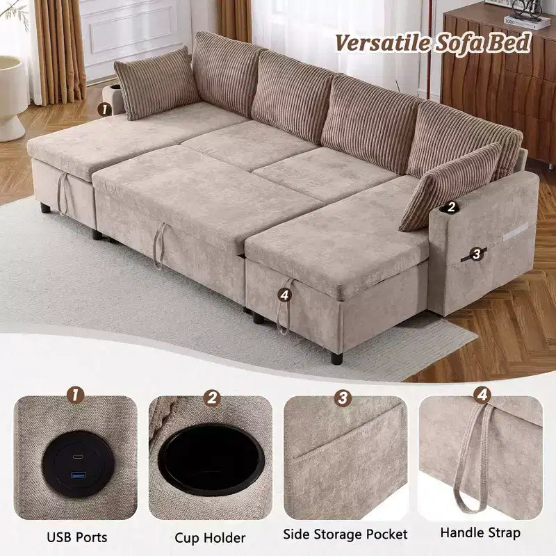 Divano componibile Whisen 113.4, divano letto estraibile, divano versatile con ampio spazio contenitore, due portabicchieri