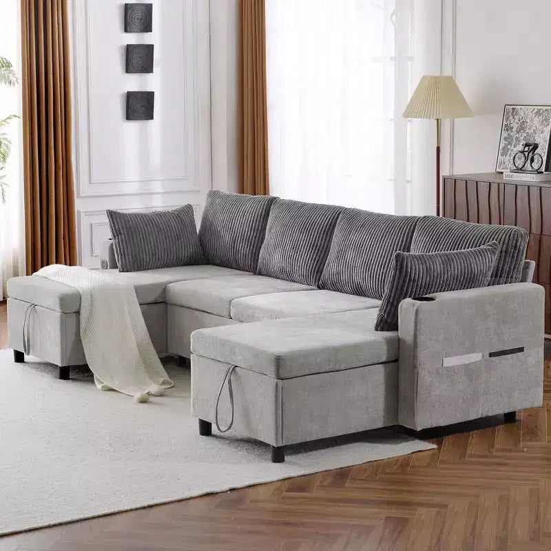 Divano componibile Whisen 113.4, divano letto estraibile, divano versatile con ampio spazio contenitore, due portabicchieri