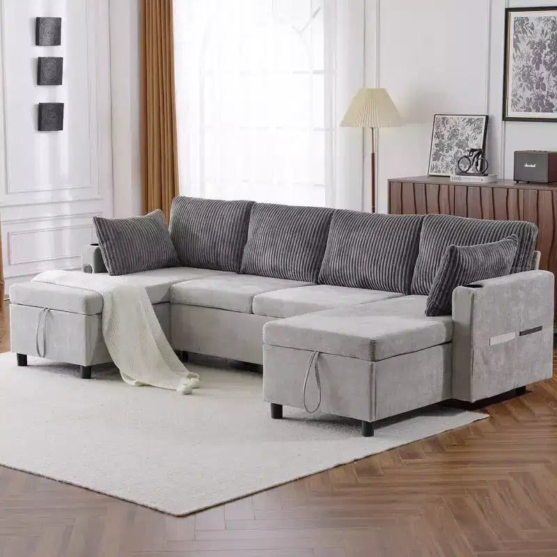 Divano componibile Whisen 113.4, divano letto estraibile, divano versatile con ampio spazio contenitore, due portabicchieri